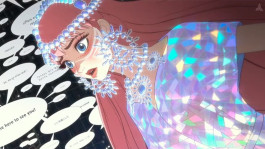 Film still from Belle (2021). Image of the main character, Belle in the web, message bubbles surround her.