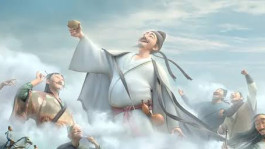 Film still from Chang'an (2024). Image of men in the clouds looking cheerful.